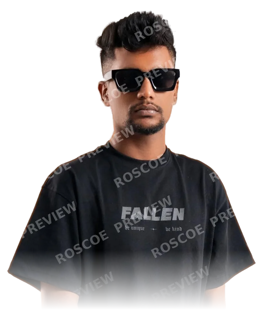 Roscoe in black sunglasses and a black T-shirt